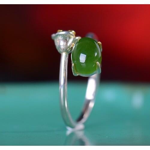 Natural 925 sterling silver inlaid hetian jasper jade ring, handmade simple retro ring, wedding jewelry gift rings for woman