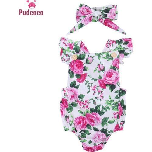 Baby Girl Spaghetti straps Halter Romper + Headbamd Jumpsuit Floral Sunsuit Outfits 2 pieces Set for Christmas