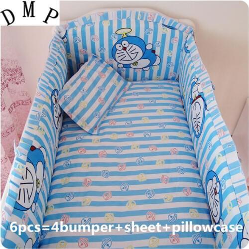 6PCS Doraemon Baby bedding sets crib set 100% cotton juego de cama (4bumpers+sheet+pillow cover)