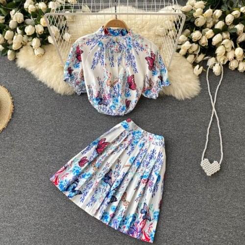 Korean Two Piece Set Floral Women Summer Fashion Puff Sleeve Shirt Female Wild High Waist Pleated Skirt Trend Short Suit M133