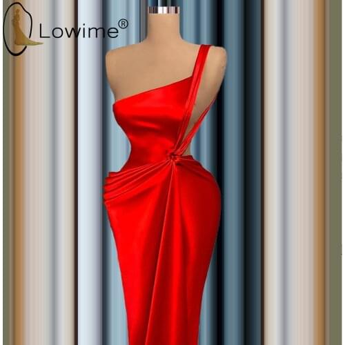 Red One Shoulder Long Mermaid Evening Dresses 2021 Sexy Simple Satin Prom Party Gowns Custom Made Formal Dresses