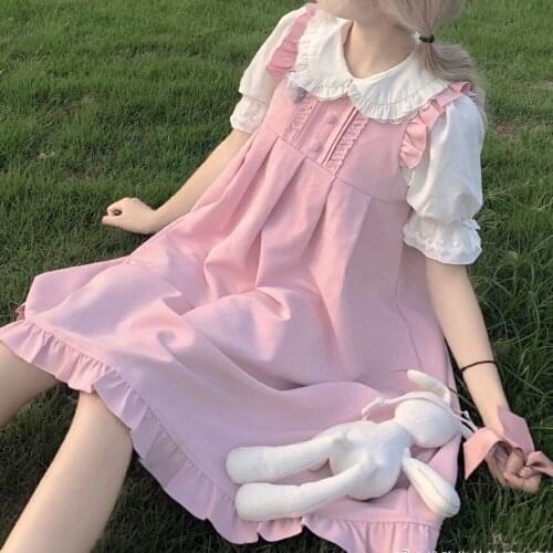 Sweet Girl Summer Japanese Cute Lolita Pink Fairy Dress Preppy Style Loose All-Match Soft Sister Maid Lolita Woman Bunny Dress