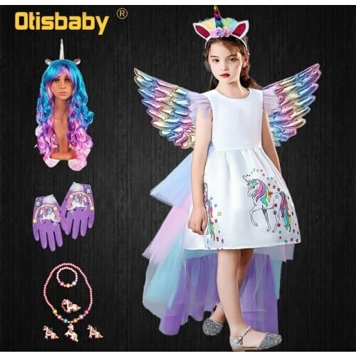 Cute Girl Christmas Unicorn Dress Little Girls Birthday Party Pony Print Princess Dress Kids Rainbow Horse Tail Long Dress Up