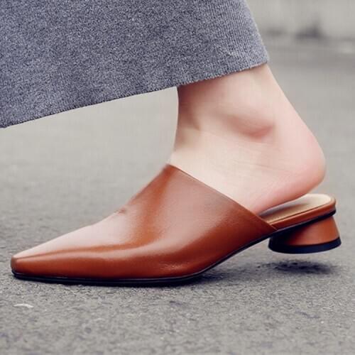 Kmeioo high quality cowskin mule shoes slingback pumps pointed toe mule sandals slip-on mules mule slides