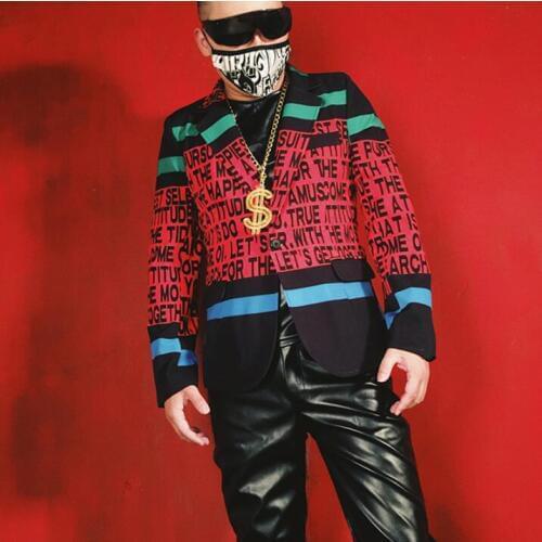 New Hairdresser Bar Nightclub Male Singer Jacket Dj Ds Letter Contrast Color Slim Suit Hip Hop Stage Costume Fashion Blazer Men