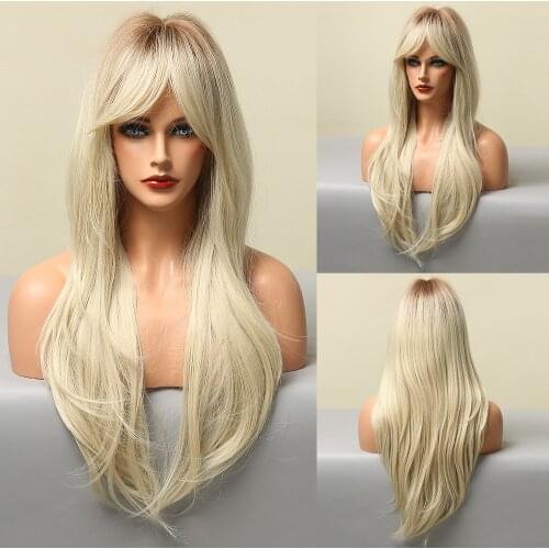EASIHAIR Synthetic Ombre Light Blonde Long Natural Wave Wigs with Bangs Cosplay Wigs for White Women Heat Resistant Hair Fiber