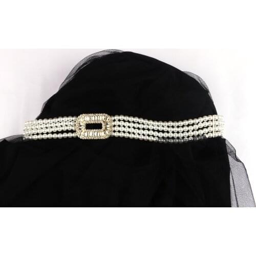 Three Row of White Elastic Weave Pearl hook Gold Rectangle Rhinestone Crystal Buckle Stretch bead belt For lady Waist decoritive