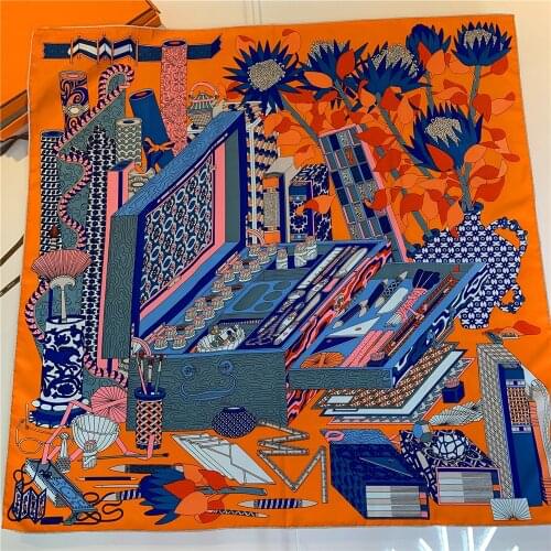 90cm Luxury Brand Square Scarf Women Hijab Bandana Handmade Curled Twill Shawl Silk Scarf Writing Case Head Scarves For Ladies