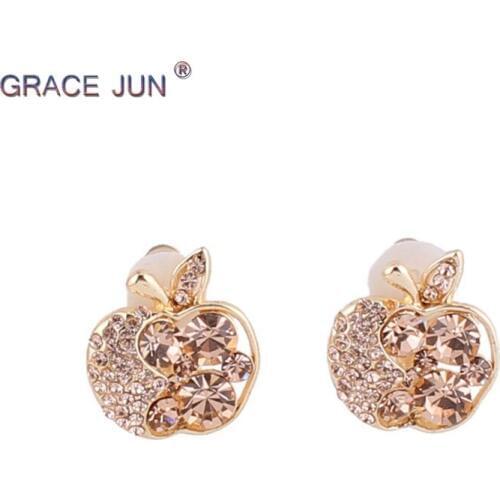 2018 New Style Full Rhinestone Crystal Small Apple Shape Clip on Earrings Without Piercing for Girl Party Cute Cushion Earrings