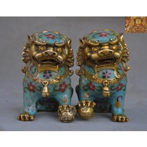 Wedding decoration 5"China bronze Cloisonne enamel Gilt Evil Door Fu Foo Dog Lion beast statue Pair