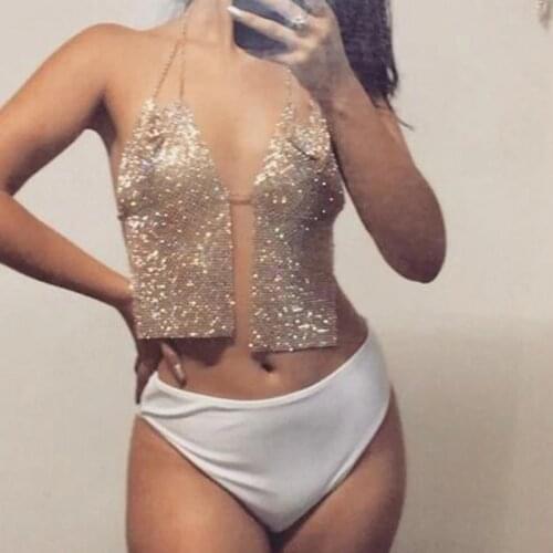Women Sexy Diamondy Metal Body Chain Beach Clubwear Backless Cami Top Vest for Festival Party Rave Outfit