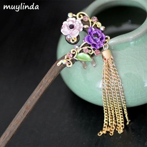 Painting Tassel Flower Bloossom Wood Hair Sticks Accessories Chinese Style Women Banquet Wedding Hairpins Jewelry