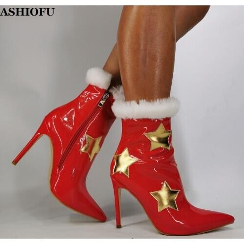 ASHIOFU 2020 New Ladies Boots Christmas Style Party Prom Ankle Booties Evening Club Manmade-fur Plus Size Fashion Winter Shoes