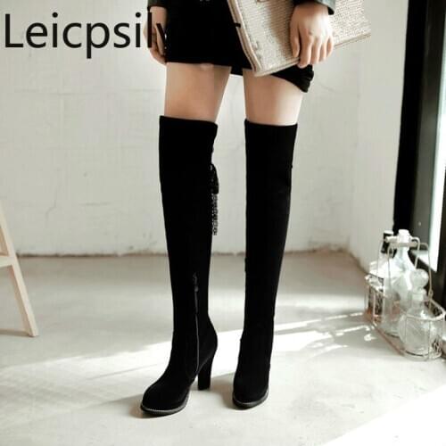 Winter The New fashion Round head Lace Crystal zipper Thick heel High heel Womens Over the knee boots plus size 33-43