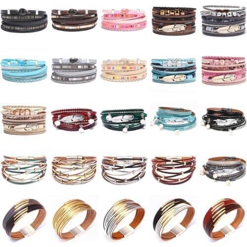 Boho Vintage Women Men Multilayer Leather Bracelet Bangle Jewelry Ethnic Water Drop Crystal Geometric Feather Wrist Chain