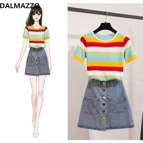 2021 Newest Summer Students Rainbow Striped Short T Shirt Tops + Denim Skirt 2 Piece Sets Womens High Waist Cowboy Suit Clothes