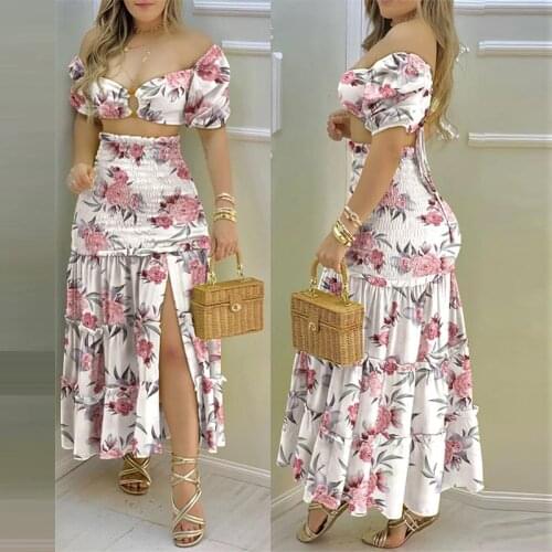Floral skirt suit women 2021 new crop top half-length independent standing pleated skirt two-piece suit