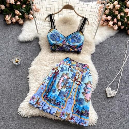 INS Fashion Holiday Style Suit Womens Summer Printted Short Camisole Pleated Skirt Two-piece Set Female 2021 New Fashion