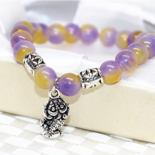 Fashion women party pouplar gifts multicolor purple yellow jades stone chalcedony bracelet 8mm round beads jewelry 7.5inch B2000