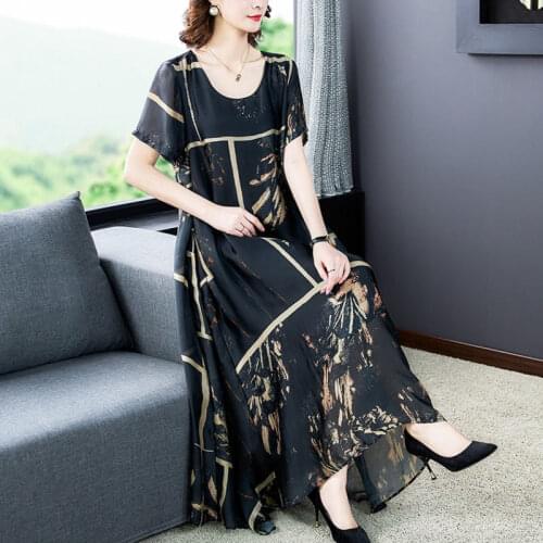 Fashion Satin Vintage Dress Women O-neck Short Sleeve Loose Long Dress Casual Elegant Printing Party Vestidos Plus Size 4XL K863