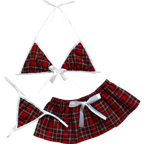 Fashion Plaid Lingerie Set Women Sexy Bra Set Sweet Plaid Uniform Bra Mini Skirt String Thong Set Bowknot Kawaii Sexy Lingerie
