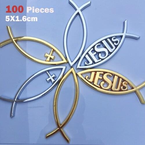 100pcs 5x1.6cm Car Styling Small Fish Cross Jesus Symbol 3D ABS Plastic For Universal Emblem Decal Christian Decorative Stickers