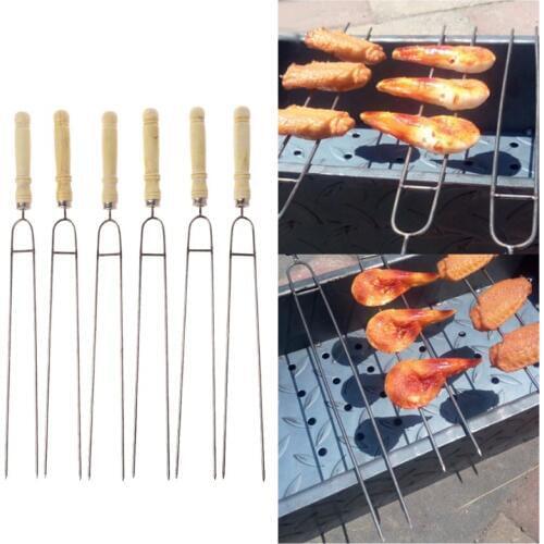6PCS/SET Barbecue Forks Stainless Steel Anti-skid Wooden Handle for Meat Grill U Shape Skewer Kitchen Outdoor Cooking BBQ Tools