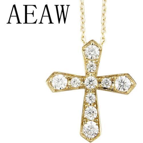 AEAW Solid 14K Yellow Gold Lab Grown Moissanite Diamond Cross Pendant Necklace For Women