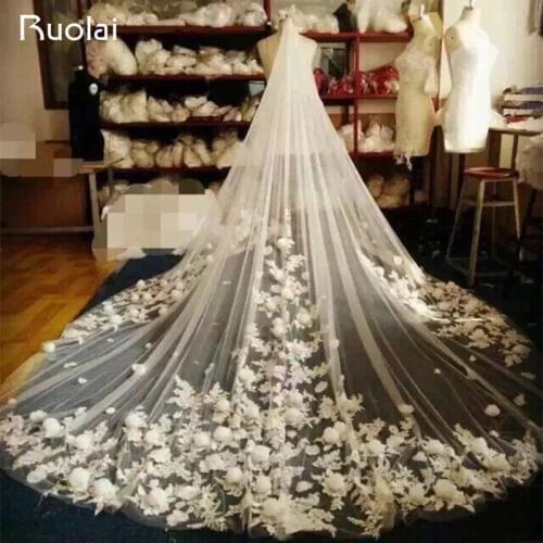 Free Shipping Luxury 3 Meters Long Wedding Veils Appliqued Flowers Long Bridal Veils White/Ivory Color Wedding Accessories FV22