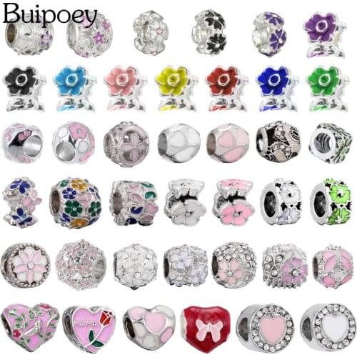 Buipoey Pink Enamel Flower Beads Silver Color Butterfly Garland Beads Charm Fit Diy Bracelets Necklace Jewelry Making Accessory
