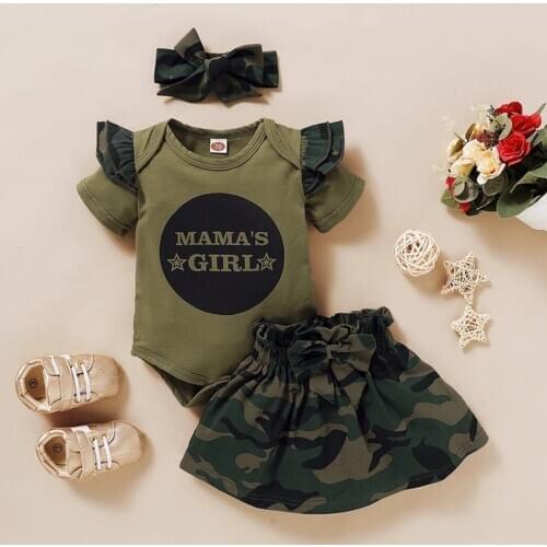 TELOTUNY Childrens clothing Newborn Baby Girl Short Sleeve Letter Print Romper T-Shirt Tops+Camouflage Skirt+headband Set Jun25