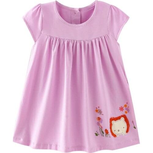 27kids Fashion Breathable Girls with Cute LionPattern Cotton Kids Summer Short Sleeve Dress for Casual Round Neck Skirt 2-7Years