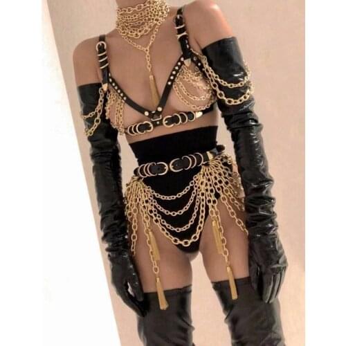 Stage Performance women Nightclub show Bra Chains Short Dropshipping Sexy Gold Chains Costume Outfit