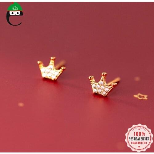ElfoPlataSi Real 925 Sterling Silver Fashion Sweet Crown Dazzling CZ Stud Earring For Women Teen Girl Friend Kid Lady DD970