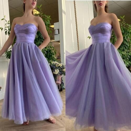 Purple Evening Gowns with Pocket Sweetheart Ankle Length A Line Prom Dresses Ruffles Vestidos Formal Robe De Soirée