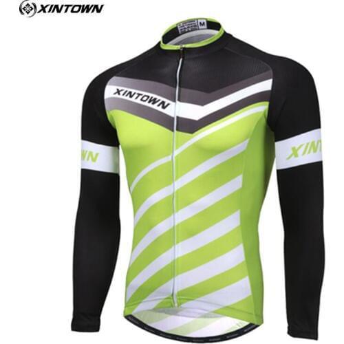 XINTOWN Team Men Cycling Jersey Ropa Ciclismo Long Sleeve Sports Clothing Men Full Zipper Cycle Clothes Shirt Clothes Green