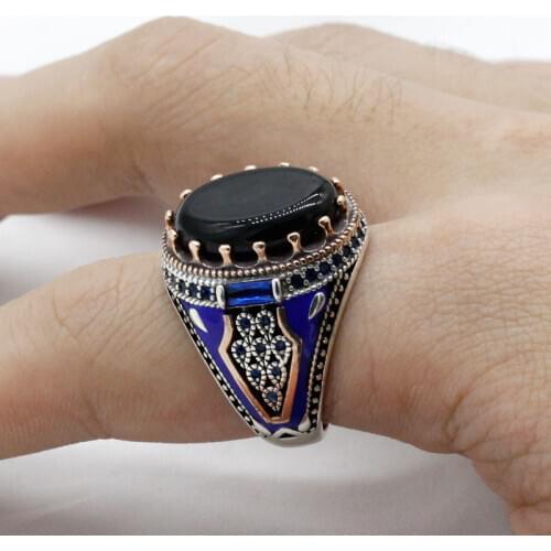 Black Agate Ring for Men 925 Sterling Silver Vintage Natural Gem Stone with Blue Enamel Ring Punk Turkish Handmade Jewelry Gift