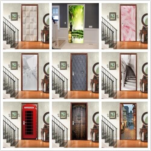 Creative Art Poster For Door Vinyl Waterproof Natural Scenery Modern Marble Retro Wooden Door Sticker For Home Renovation Decor