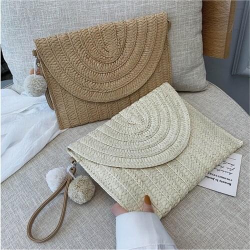 Fashion Women Crossbody Envelope Bag Elegant Straw Handbag Clutch Summer Beach Shoulder Bag With Plush ball