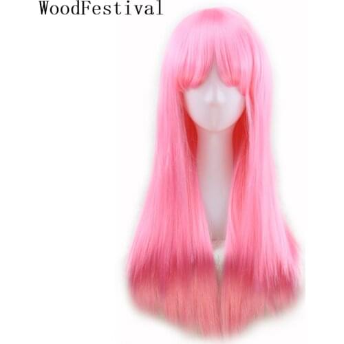WoodFestival Female Synthetic Long Straight Hair Wig With Bangs Cosplay Wigs For Women Pink Black Dark Brown Burgundy Blonde