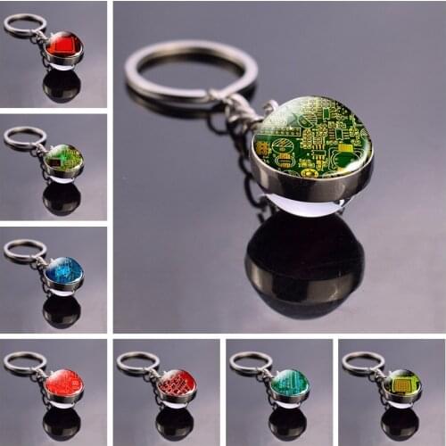 Circuit Board Picture Glass Ball Keychain Computer Geek Pendant Key Chain Metal Key Ring Nerd Geek Gift