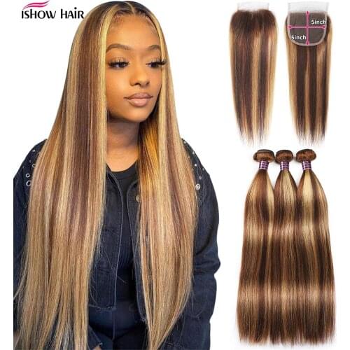 Ishow Highlight Bundles With 5x5 Closure p4/27 Ombre Human Hair Bundles with Closure Bone Straight Bundle with 5x5 Lace Closure