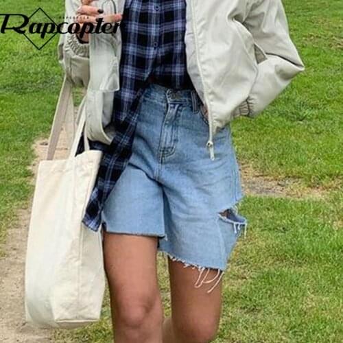 Rapcopter Cut Out Jeans Tassle Pockets Casual Denim Shorts y2k Zipper Straight Shorts Women Blue Casual Fashion Streetwear 90s