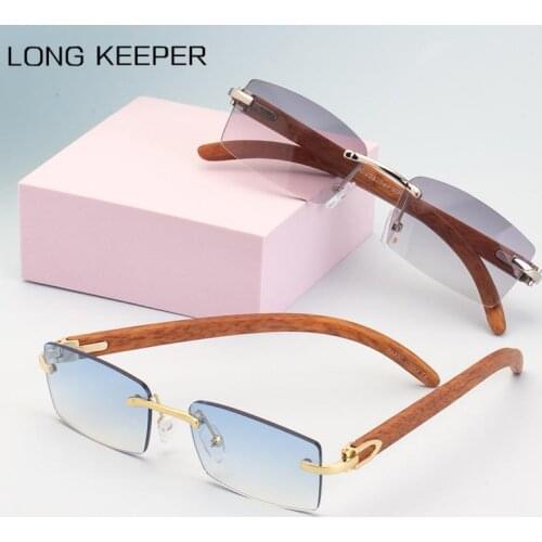 Vintage Square Sunglasses Women Wood Grain Small Rectangle Sun Glasses Female Gradient Mirror Rimless Unisex Oculos De Sol UV400