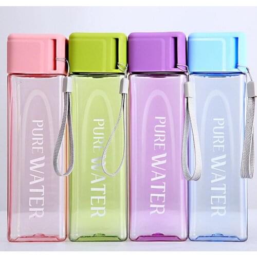 Sport Square Tea Milk Fruit Water Cup 480ml Transparent Drink Bottle with Rope