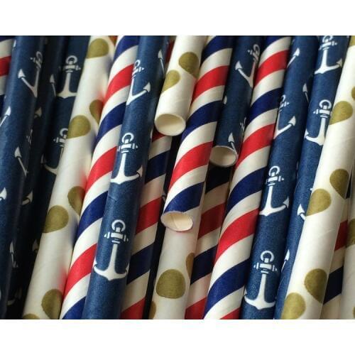 DHL Free Shipping 1000pcs Paper Straws Bulk,Gold Polka Dot Navy and Red Anchor Stripe Decorative Drinking Paper Straws Party