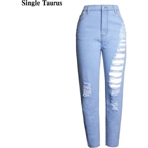 Loose Straight Ripped Jeans Streetwear High Waist Boyfriend Jeans for Women Hole Hip Hop Blue Distressed Denim Pants Mujer 2021