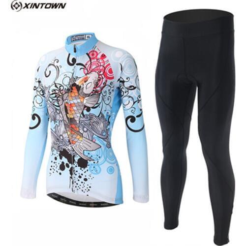 XINTOWN Pro Team Womens Cycling Jersey Bike Long Sleeve Maillot Ropa Ciclismo Padded Cycling Pants Sets Bicycle Clothes Set