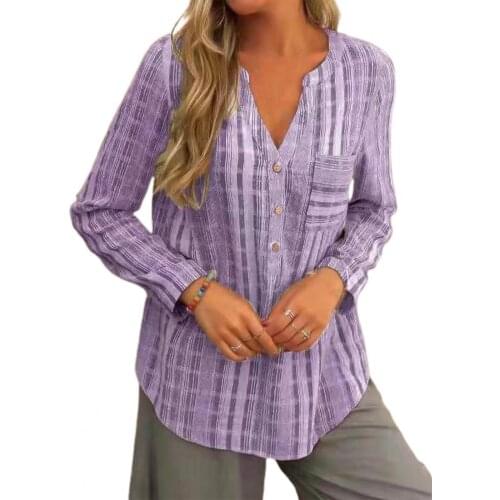 Plus Size Women Blouse Stripe V Neck Casual Summer Female Blouse Shirts Pocket Long Sleeve Vintage Lady Blouses blusas mujer