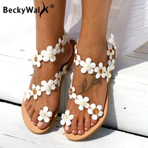 Women Sandals Summer Flat Heels White Flowers Flip Flops Ladies Shoes Slip On Women Slippers Gladiator Sandalias Mujer WSH3325
